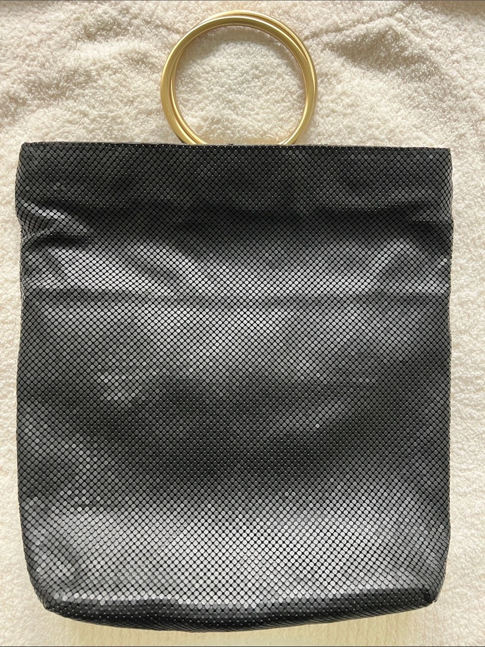 Whiting & Davis Black Textured Clutch with Gold Double Hoop Handle